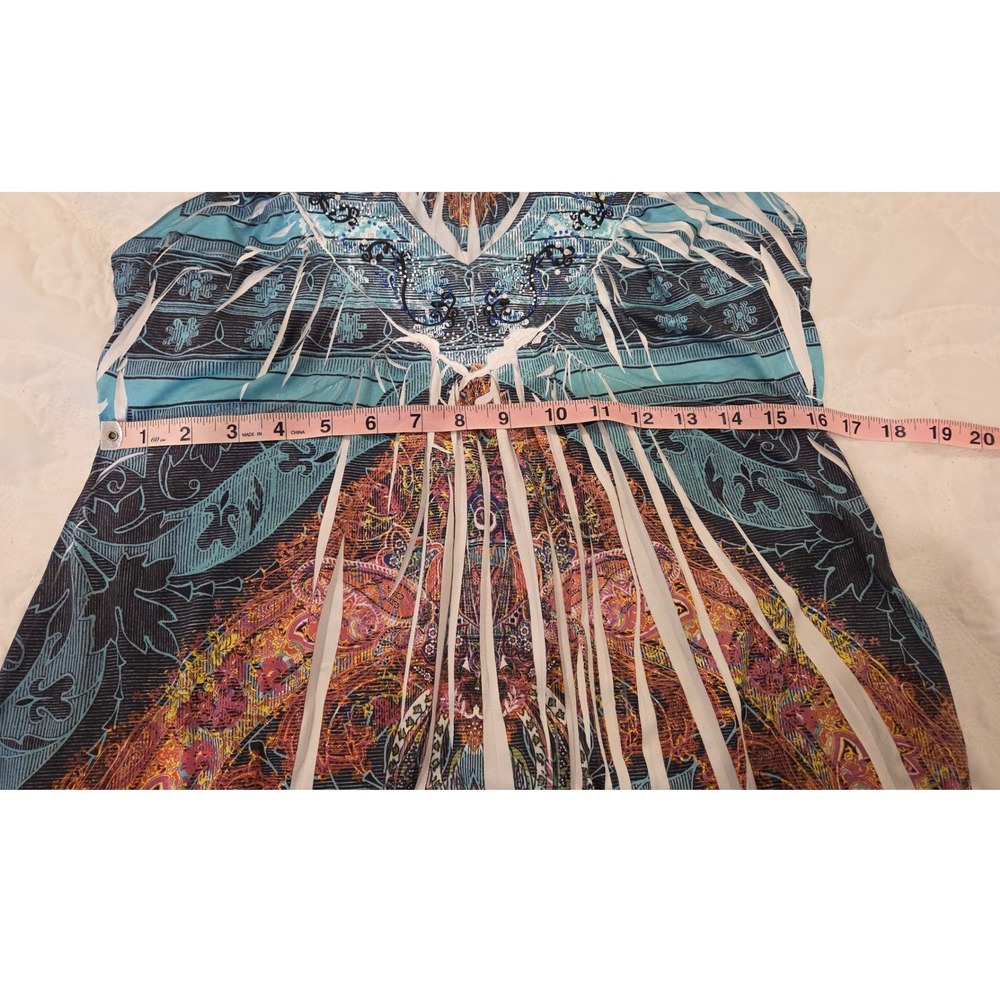 One World Paisley Rhinestone V-Neck  Dress‎ Blue Medium Boho Hippie Festival - Picture 9 of 10